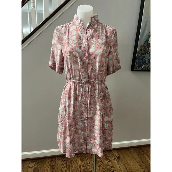 ANINE BING Pink Floral Silk Button Down Mini Shirt Dress - Size XS